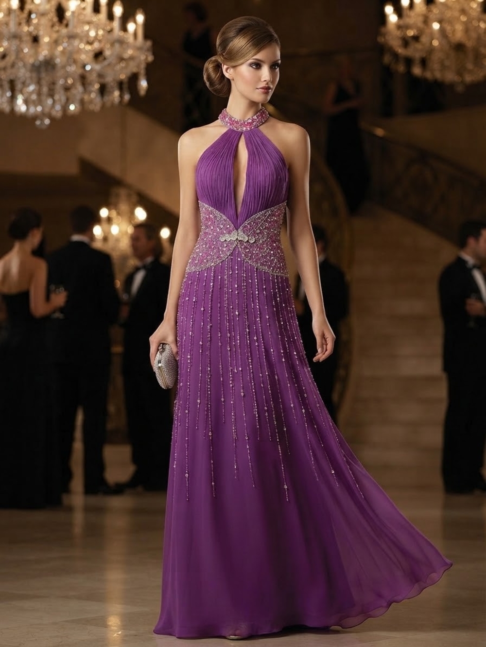 Beaded Halter Purple Prom Gown with Keyhole Bodice Size 6